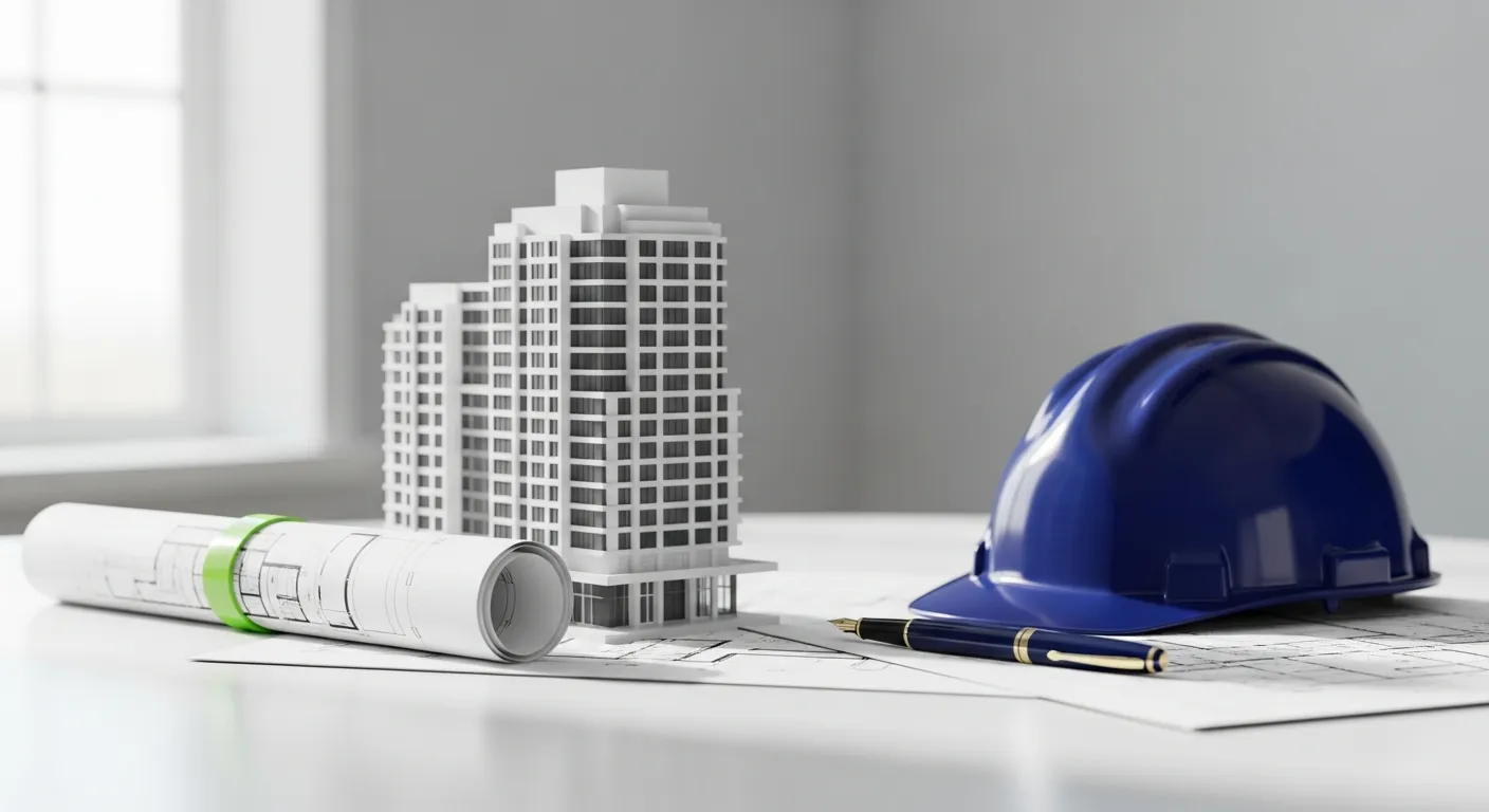 Maquette d'immeuble, casque de chantier et plans posés sur un bureau, illustrant l'assurance décennale