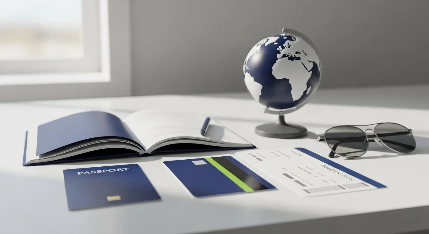 Passeport, carte bancaire, globe et lunettes de soleil, illustrant l'assurance voyage incluse dans la carte bancaire
