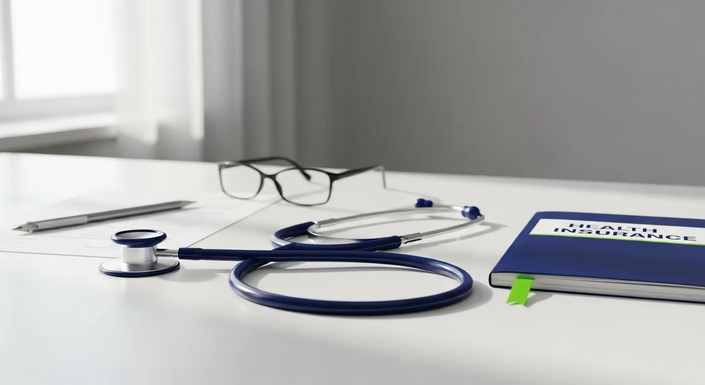 Stéthoscope, livret de garanties et lunettes, illustrant les garanties d'une mutuelle santé