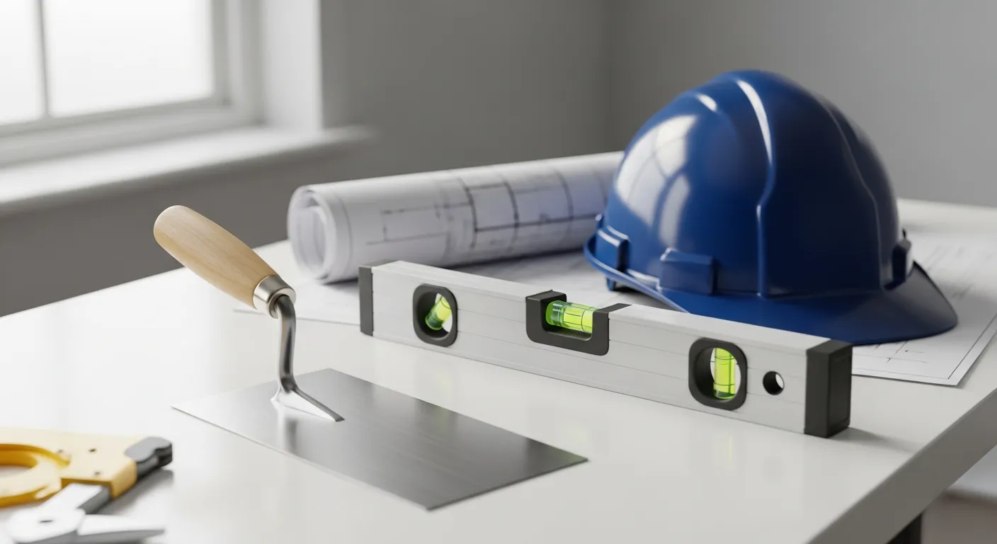 Outils de chantier, niveau et casque, illustrant les métiers concernés par l'assurance décennale