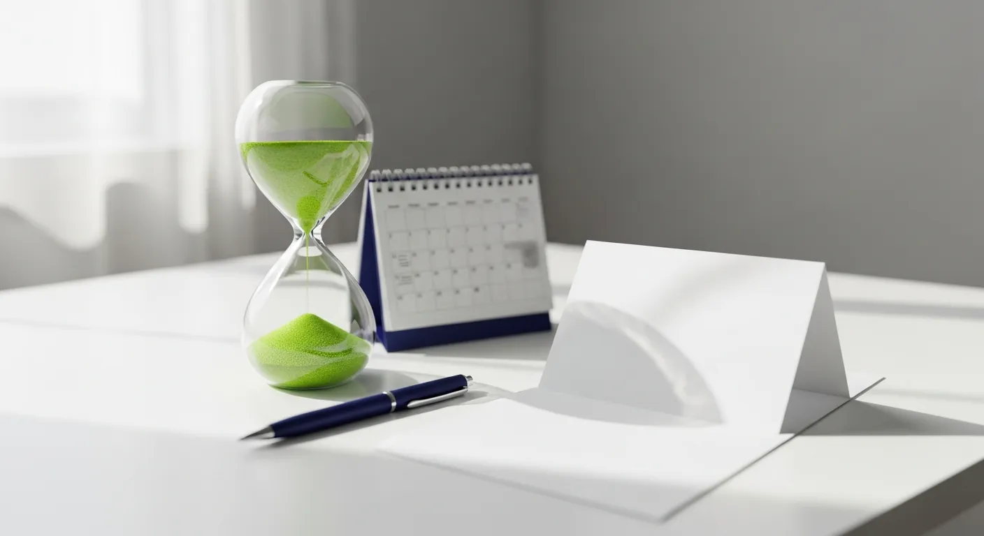 Sablier et calendrier sur un bureau, illustrant le délai de carence d'une mutuelle