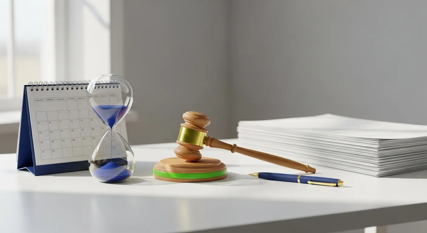 Sablier, calendrier et marteau de justice, illustrant la prescription biennale en assurance